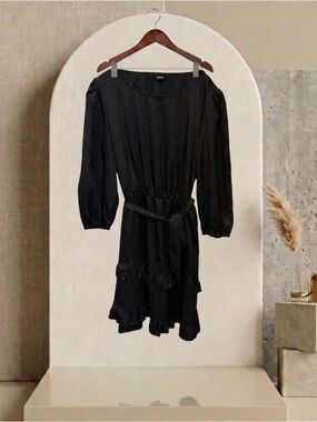 Tacera Black Long-Sleeve Ruffle Tie-Waist Dress
